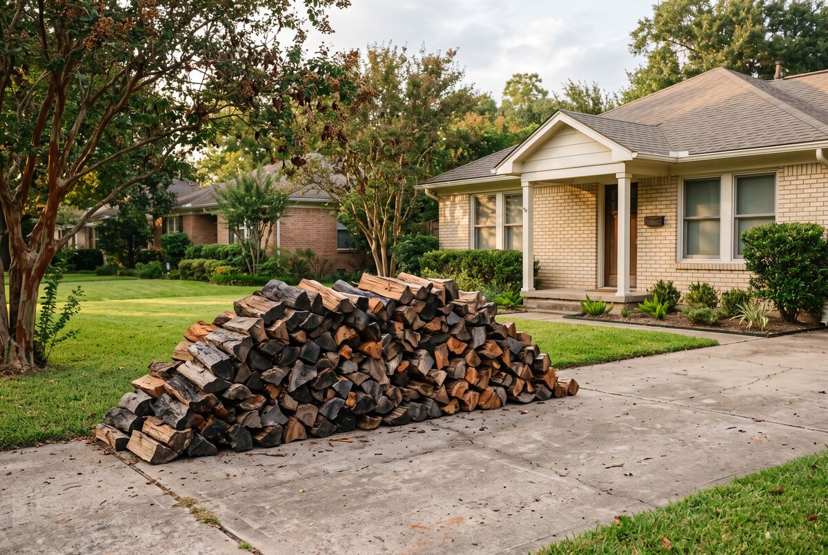 A freshly delivered load of split firewood stacked on the driveway of a Houston brick bungalow