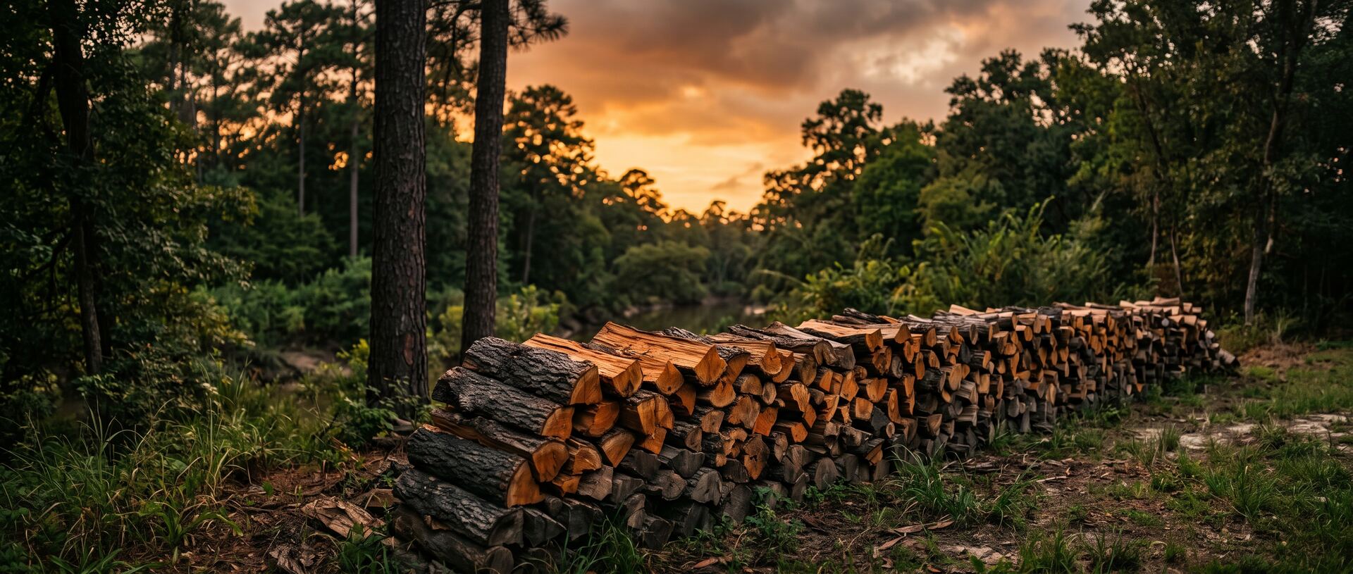 A long rick of split seasoned firewood stacked beside a bayou treeline of loblolly pines at dusk