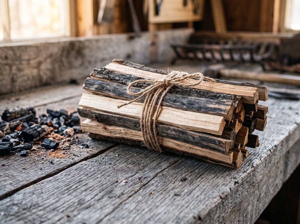 A bundle of dry split kindling sticks tied with natural twine on a weathered workbench