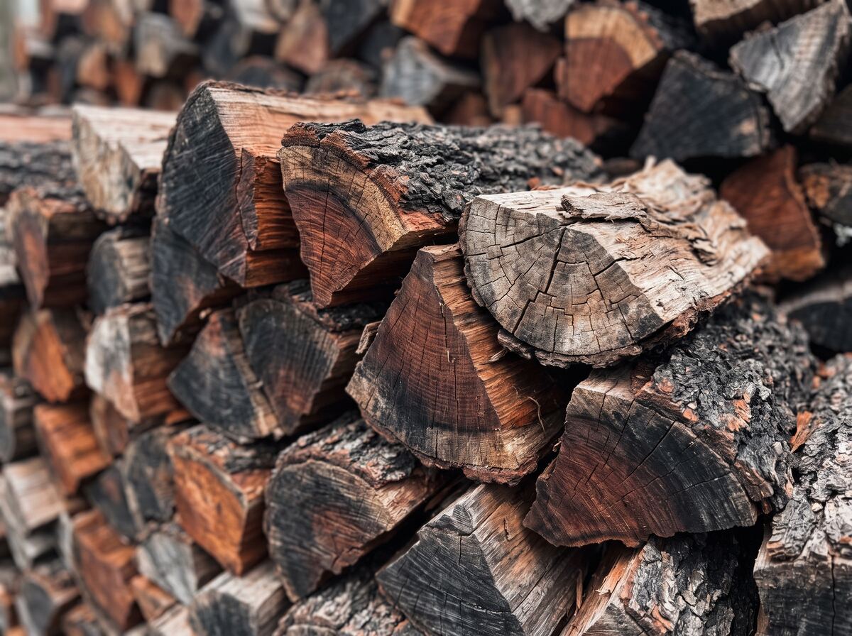 A tight stack of mixed hardwood splits showing dark bark and reddish-brown checked end grain