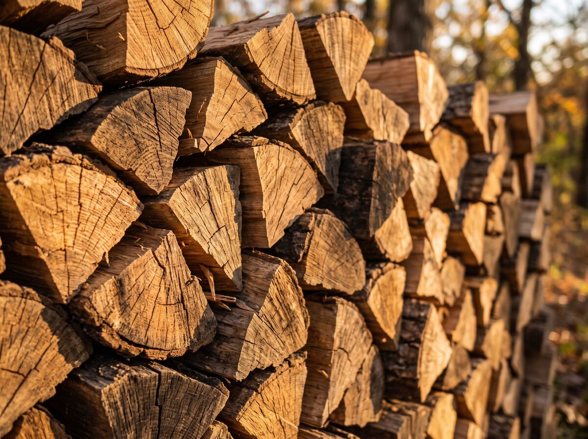 Close-up of seasoned split oak firewood with deep radial drying cracks across the end grain