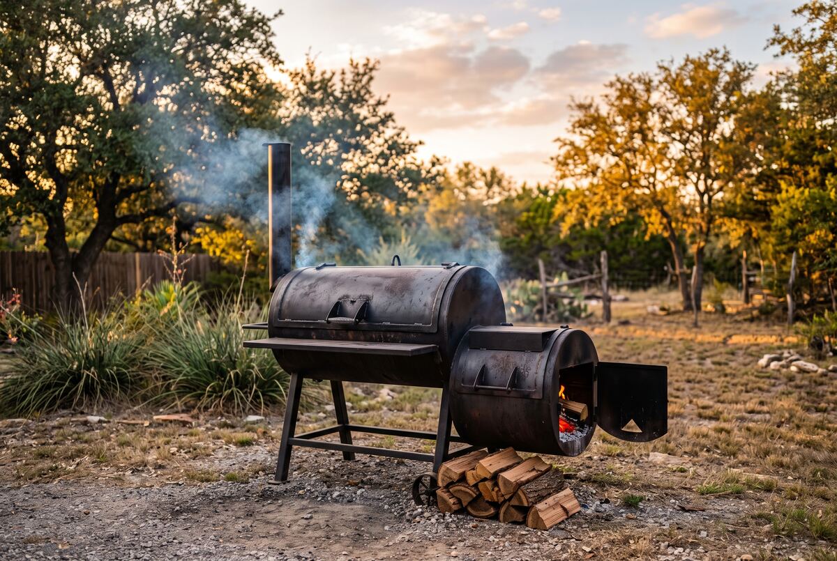 An offset barrel smoker in a Texas backyard at golden hour with thin blue smoke rising from the stack